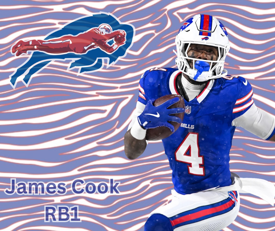 A close-up shot of James Cook walking into camp with his pads over his shoulder, a determined expression on his face, or a stylized composite of Cook overlaid with Bills Mafia energy graphics.