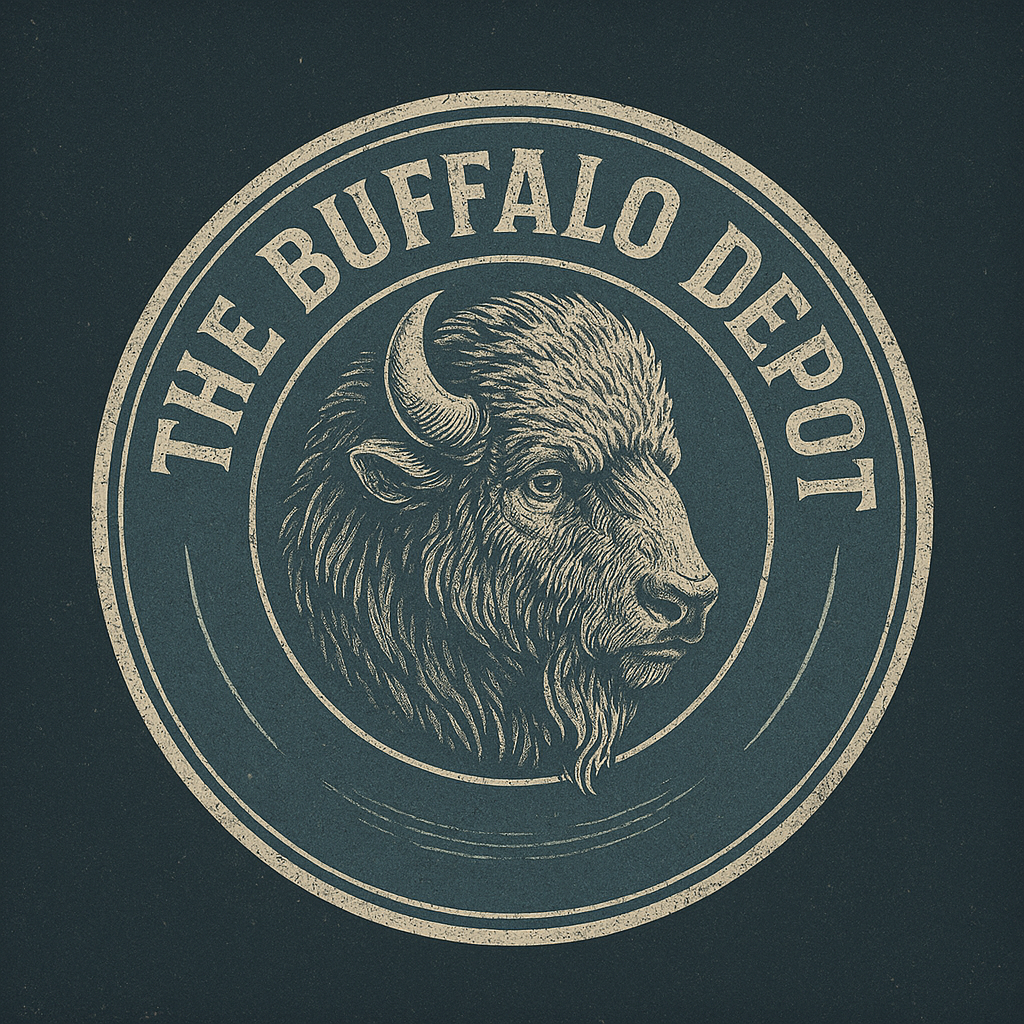 Logo of 'The Buffalo Depot' with a bison illustration on a dark background